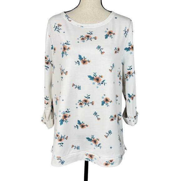 Croft & Barrow XX-Large Sweatshirt Floral 3/4 Cuffed Sleeves Lightweight White - Picture 1 of 7